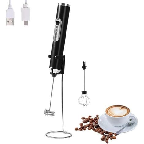 Mousseur à lait électrique portable avec 2 têtes, fouet mélangeur à mousse avec USB rechargeable 3 vitesses, mélangeur de mousse pour latte, cappuccino, chocolat chaud, œuf (Noir avec support) (1/5)