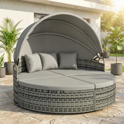 Bain de soleil rond, lit de jardin extérieur modulable 3 PSC en résine tressée avec auvent rétractable, gris clair (1/5)