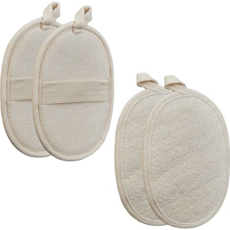 Relaxdays Loofah Sponge, Set of 4, for Body & Face, Gentle Exfoliation and Deep Pore Cleansing, Shower Accessory, Beige