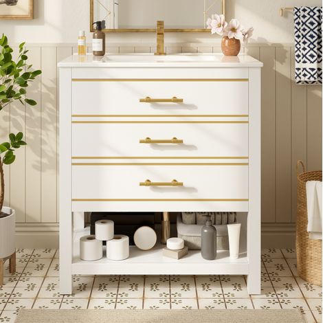 Meuble lave-mains MDF blanc et doré 76 cm avec vasque céramique intégrée, 2 tiroirs et niche ouverte (1/5)