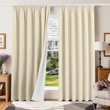 Curtain Thermal Insulation Anti Cold, Set of 2, 200 x 200 Linen Curtains for Bedroom Living Room Rail Anti Heat Noise Grey Beige (1/5)