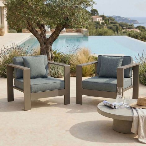 Lot de 2 fauteuils de jardin en alu taupe et housse verte