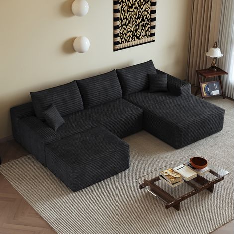 Sofá esquinero modular con chaise longue reversible, tapizado en tela negra, asiento profundo, no requiere montaje, ideal para sala de estar. (1/5)