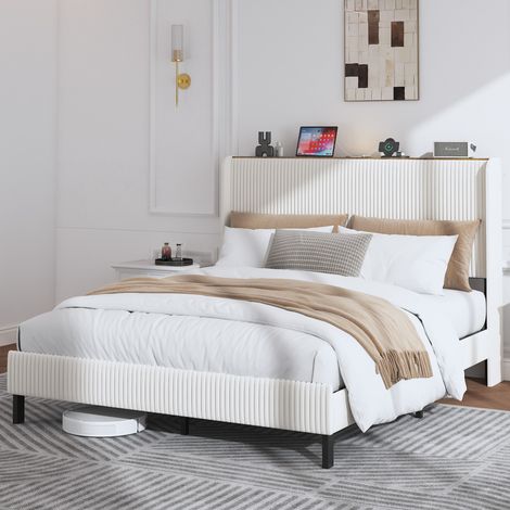 Cadre de lit 160x200, plateforme rembourrée avec tête de lit en tissu, design à bords ailes, lattes métalliques antidérapantes et silencieuses, sans sommier requis (1/5)