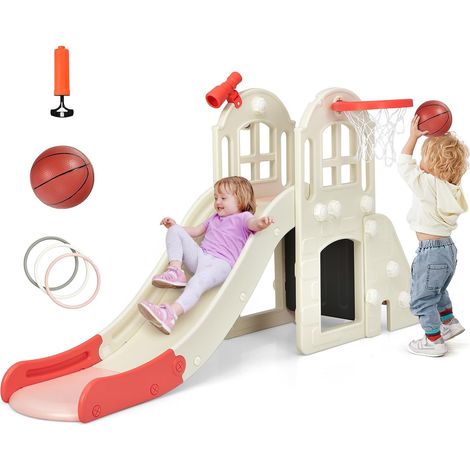 Goplus – Toboggan pour enfants 6 en 1 – Rail de protection haut – Mur d'escalade, tunnel, panier de basket – HDPE, 140 cm de longueur (1/5)