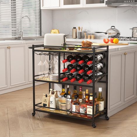 Drink Trolley, Bar Cart with Lockable Wheels, 12 Wine Rack and 3 Rows Glass Holders, Kitchen Serving Cocktail Alcohol Trolley for Dining Livingroom