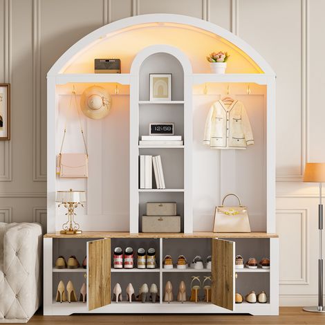 Garderobenschrank 150x40x195 cm Weiß MDF mit Haken, Schuhablage und USB-LED-Lichtband (1/5)