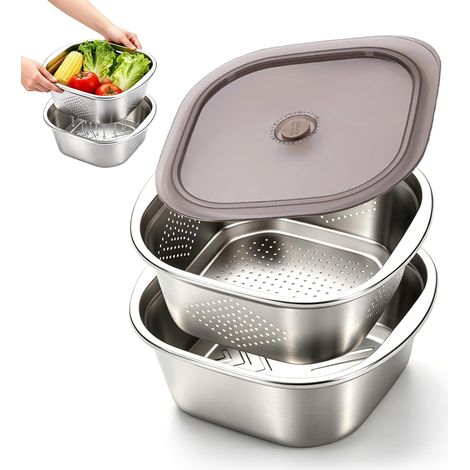 Passoire de cuisine en acier inoxydable, passoire à pâtes en acier inoxydable 28 cm, bol de lavage à riz avec bol et couvercle, ensemble de bols empilables en acier inoxydable pour égoutter (1/5)