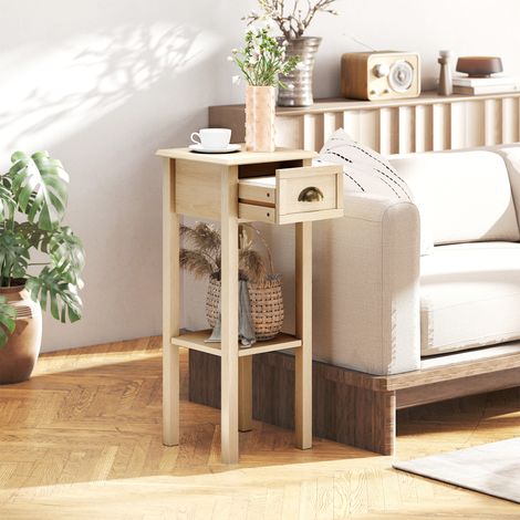Mesa Auxiliar Rústica Mesa Auxiliar para Sofá con Cajón y Estante para Salón Dormitorio 30x30x75 cm Madera Natural (1/5)
