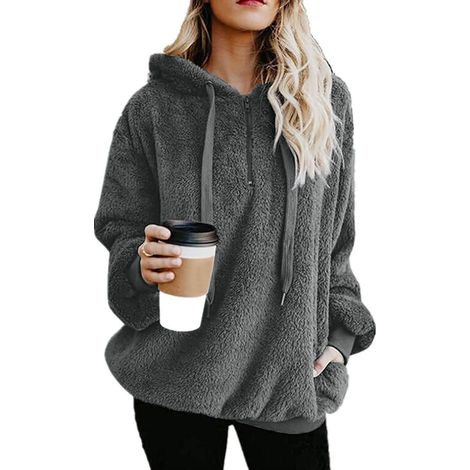 Sweat à capuche duveteux pour femme, pull confortable à poches surdimensionnées, sweat-shirt à capuche en polaire athlétique (1/5)