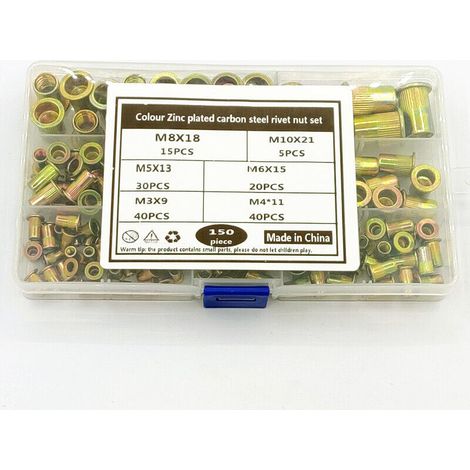 Rivet Écrous en Acier Carbone Inserts Filetés Écrou Aveugle Inox Tête Plate Rivets M3 M4 M5 M6 M8 M10 150 Pièces (1/3)
