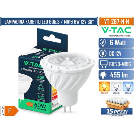 CONFEZIONE 15 PEZZI V-TAC VT-267 FARETTO LED MR16 GU5.3 6W 12V 455LM FASCIO 38° LUCE 3000K 4000K 6500K (1/4)