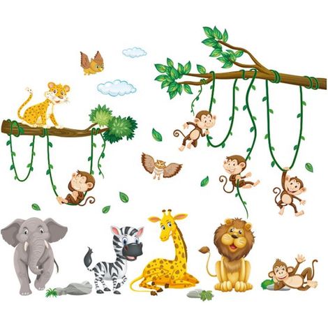 Adesivi murali con animali della giungla, della foresta e alberi - Adesivi murali con elefanti africani, giraffe e leoni - Adesivi murali per la cameretta dei bambini - 3090 cm (1/5)