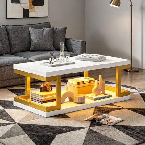 Mesita de sofá, rectangular en blanco + dorado, con iluminación LED, mesa auxiliar, mesa de salón, mesa de comedor de MDF + metal, adecuada para salón/comedor/oficina, soporta hasta 50 kg, 100x50x37.5 (1/5)