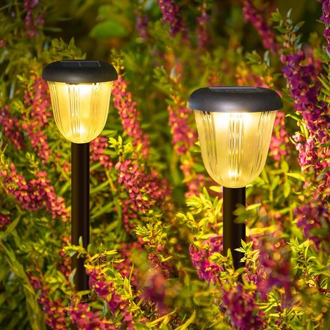 Lampes solaires d'extérieur pour allées, étanches, allumage/extinction automatique, jusqu'à 10 heures d'autonomie, idéales pour les allées, les patios, les pelouses (blanc chaud + RVB, lot de 2) (1/5)