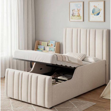 Letto per bambini rivestito in lino beige, 90x200 cm, con contenitore idraulico e rete a doghe inclusi. (1/5)
