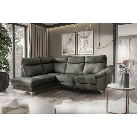 Canapé d'angle en cuir italien de luxe 5 places LUZINI gris foncé, angle gauche (1/3)