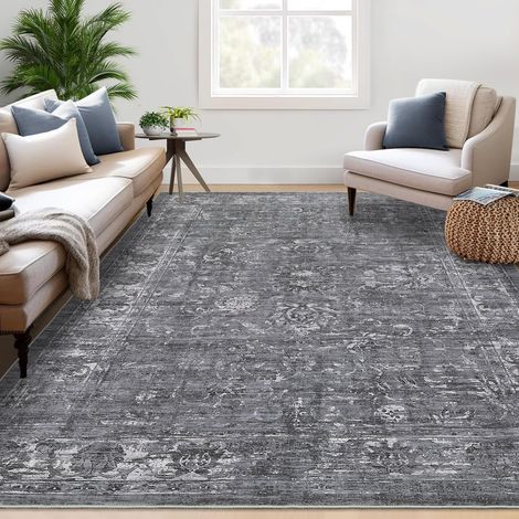 Tapis vintage pour salon et chambre - Lavable en machine, poils ras doux, antidérapant TPR, anti-taches & déperlant - 160x230 cm - Gris (1/5)