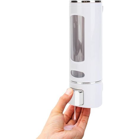 400 ml Wandseifenspender - Manueller Shampoo- und Duschgelspender für Bad und Küche - Lotionbehälter - Praktisch und elegant (Weißes Gehäuse, silberne Knöpfe) (1/4)
