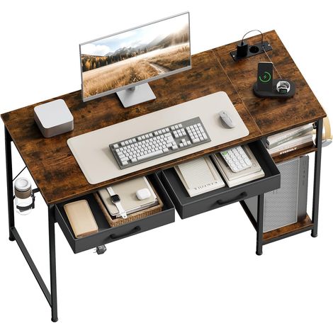 WOLTU Bureau Gaming avec 2 Tiroirs et 2 Étagères, Bureau d'Ordinateur avec Prises USB et Type-C, Porte-gobelet et Crochet, 120x51x75 cm, Marron Rustique (1/5)