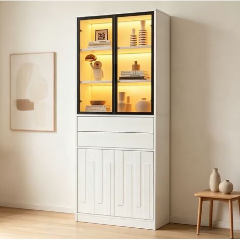 Hohe LED-Vitrine 70 x 34 x 180 cm, 2 Schubladen, Türen aus Hartglas, Weiß OKWISH (1/5)