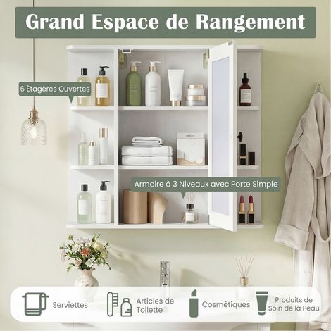 Armoire de salle de bain murale blanche avec miroir, 3 portes magnétiques et 6 niches ouvertes, pour toilette et salle d'eau (1/5)