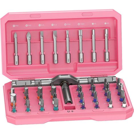 Jeu de tournevis magnétiques multifonctionnels 42 en 1 tournevis à cliquet multi-embouts avec étui de rangement 42 pièces rose (1/5)