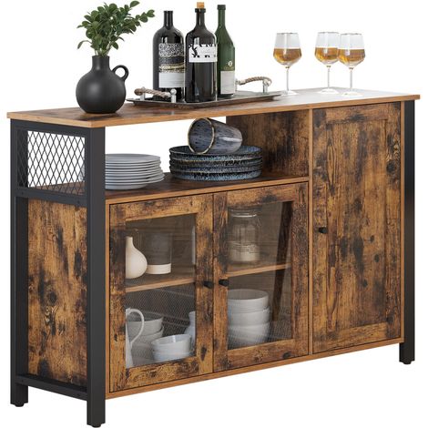 Meuble de Rangement, Buffet, Armoire de Cuisine, Placard, avec 3 Portes, pour Salon, Cuisine, Salle à Manger, 33 x 110 x 75 cm, Style Rustique, Marron Rustique et Noir LSC096B01 (1/5)