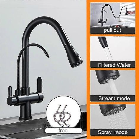 Grifo de cocina negro mate, apto para agua limpia, doble manija, agua fría y caliente, grifo de cocina extraíble. (1/5)