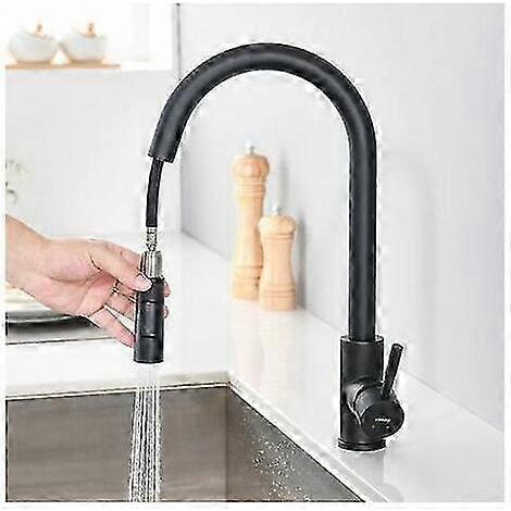 Robinet de cuisine avec douchette extractible, noir mat, mitigeur d'évier en acier inoxydable pivotant à 360°, mitigeur de cuisine à 2 fonctions. (1/5)