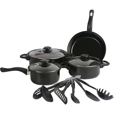 Decdeal – Ensemble d'ustensiles de cuisine antiadhésifs 13 pièces – Marmite en fer – Poêle à ragoût – Poêle à lait – Revêtement en pierre médicale – Noir (1/5)