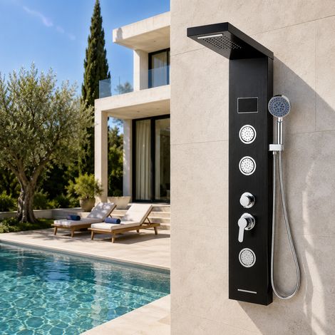 TolleTour Columna de ducha inox 304 negro, 5 en 1 con lluvia, cascada, masaje, ducha de mano, caño bañera, LED con pantalla, conexión G1/2 para baño (1/5)