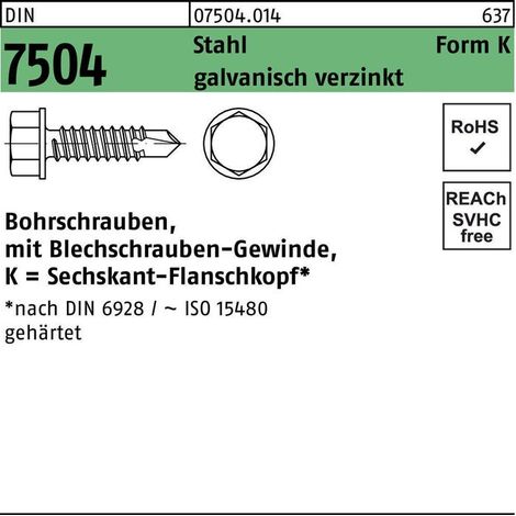 Vis autoforeuse à tête hexagonale ISO 15480 collerette ST 6,3x60 acier trempé galv. 250p.