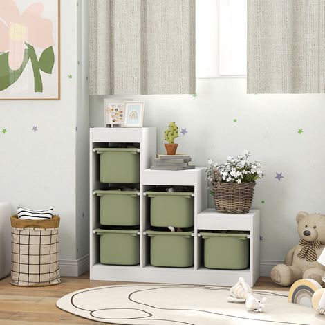Mobile contenitore per giocattoli per bambini con 6 scomparti estraibili, 3 livelli di stoccaggio, 96 x 38,5 x 90 cm, verde. (1/5)