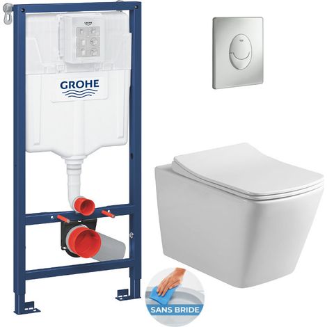 Grohe Pack inodoro Bastidor  + Inodoro sin brida Infinitio Design + Asiento con cierre suave + Placa cromada mate