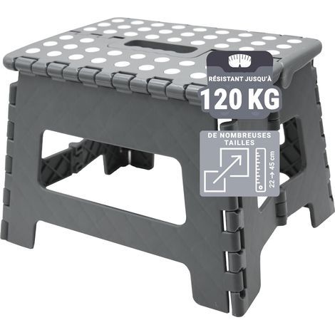 Tabouret-Pliable - Tabouret-Pliant pour Enfants et Adultes jusqu'à 120 kg - Revêtement-antidérapant - Poignée-de-Transport - Ultra-léger - Hauteur-22 cm - Plastique - Gris (1/5)