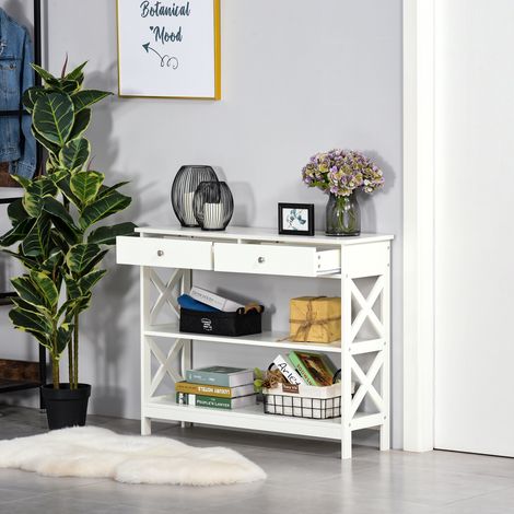 Console à 2 tiroirs et 2 étagères. Console en MDF pour entrée et salon. 100 x 30,5 x 80 cm. Blanche.