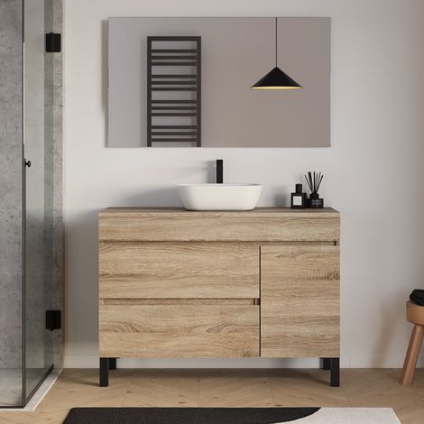 Meuble de salle de bain 120cm avec plateau et vasque à poser arrondie - porte et tiroirs - cambrian (chêne clair) - LAZARO (1/5)