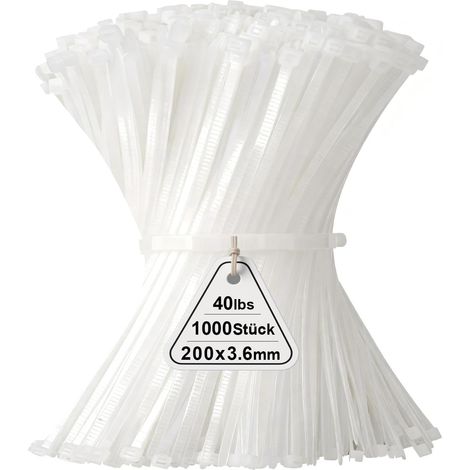Lot de 1000 serre-câbles blancs - 200 mm x 3,6 mm - Pour l'industrie - Résistants aux UV - Durable - Petit nylon - Fermeture éclair autobloquante - Avec 18 kg - Pour le jardinage, la maison, le bureau (1/4)