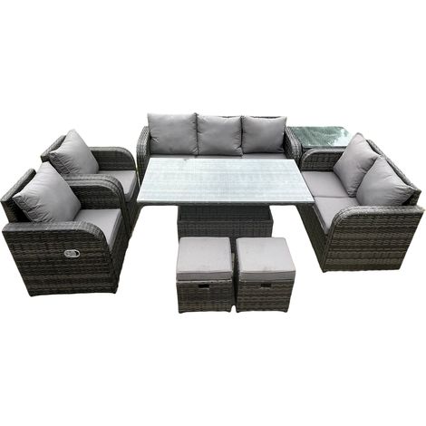 Fimous Osier PE rotin ensemble salon de jardin extérieur hauteur réglable table à manger chaise longue canapé ensemble avec table d'appoint 2 petits repose-pieds gris foncé mix (1/5)