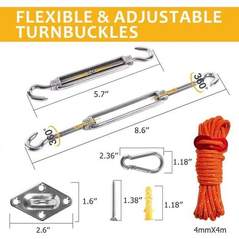 Kit de fixation pour voile d'ombrage de 15 cm, adapté à l'installation de voiles d'ombrage triangulaires ou rectangulaires, fabriqué en acier inoxydable 304, convient aux jardins, patios et pelouses. (1/3)