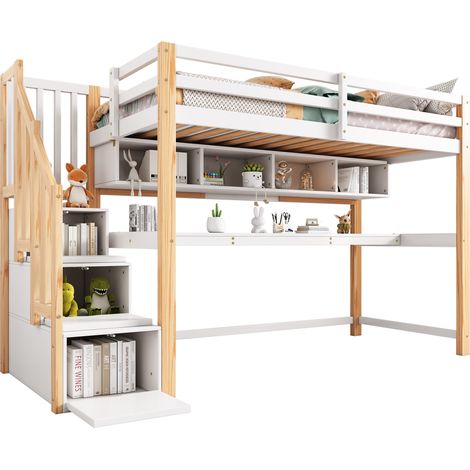 Letto a Soppalco Letto Singolo con Scala Contenitore, Scrivania e Scaffali, 90 x 200 cm, senza Materasso, Bianco e Rovere (1/4)