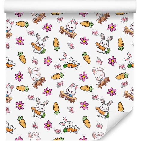Papier peint lapins blanc, gris clair et beige pour salon et chambre 50x1000 cm (1/5)