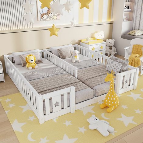Lit simple 140x190 en bois, lit pour enfant, lit bébé 2 places, avec barrières décorées de motifs étoiles, sans sommier à lattes - Blanc