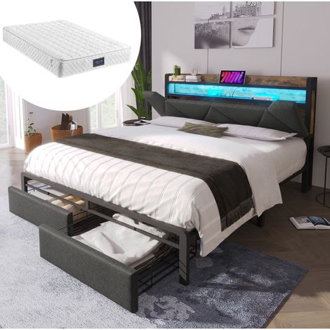 Bett 160x200 cm grau aus Leinen mit Stauraum-Kopfteil, LED und 2 Schubladen (1/5)