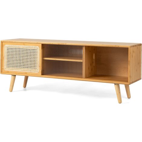 Meuble TV 120,5 x 31 x 45,5 cm avec rangement spacieux et gestion des câbles style moderne en bambou naturel