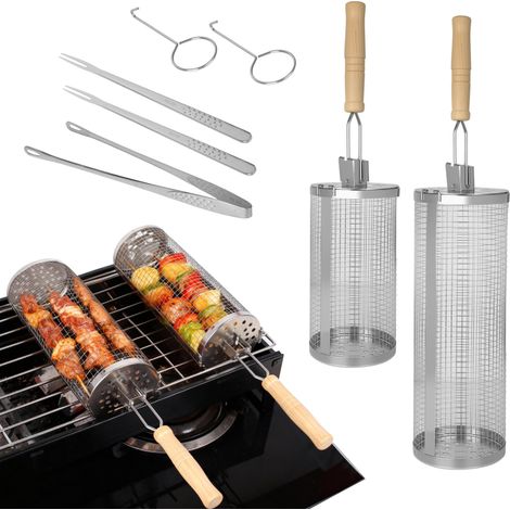 Panier à Barbecue Roulant en Acier Inoxydable 304 avec Poignée Amovible Kit Barbecue et Accessoires Barbecue pour Grille Barbecue Ustensiles 7 pièces (1/4)