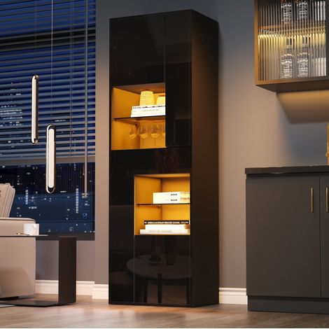 Vitrine haute 55 x 38 x 170 cm avec LED, 1 tiroir, 4 placards, noir, REDOM (1/5)
