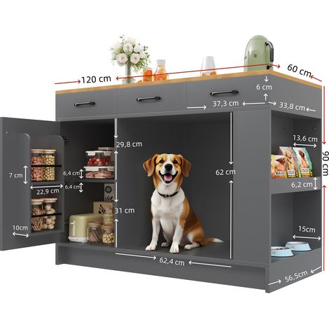 Îlot de cuisine avec trois tiroirs, espace de repos pour animal et rangements, desserte grise et bois naturel, 120 x 60 x 90 cm (1/5)