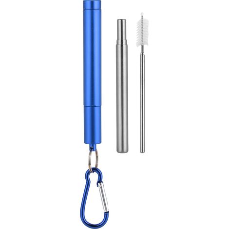 Paille réutilisable en acier inoxydable rétractable (étui bleu aluminium + brosse + mousqueton) (1/5)